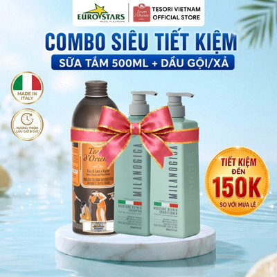 Combo Sữa tắm nước hoa Tesori d'Oriente 500ml & Dầu gội Milanogica 355ml/725ml - Nuôi dưỡng làn da, Chăm tóc chuyên sâu