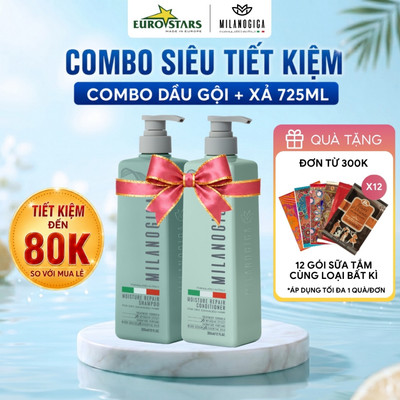 Combo Dầu Gội & Xả hương nước hoa Milanogica 725ml Phục hồi hư tổn, Giảm gàu sạch ngứa da đầu