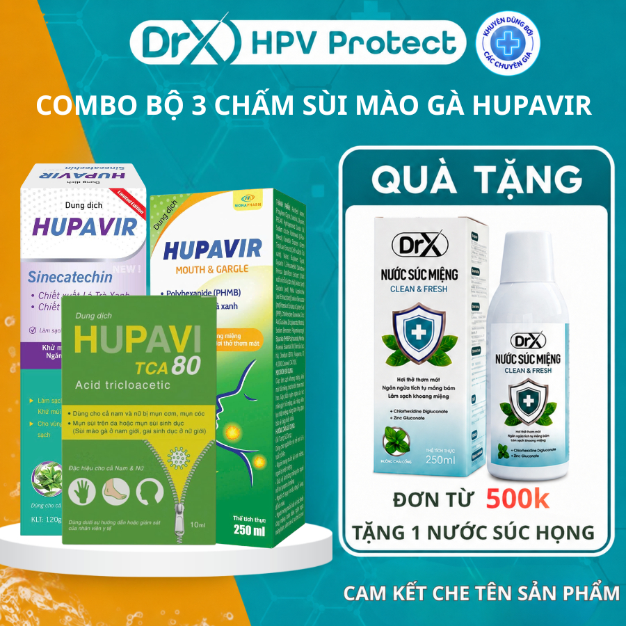 Combo bộ 3 chấm sùi mào gà TCA Hupavir kèm súc họng và dung dịch vệ sinh Hupavir - TCA 80 và TCA 50