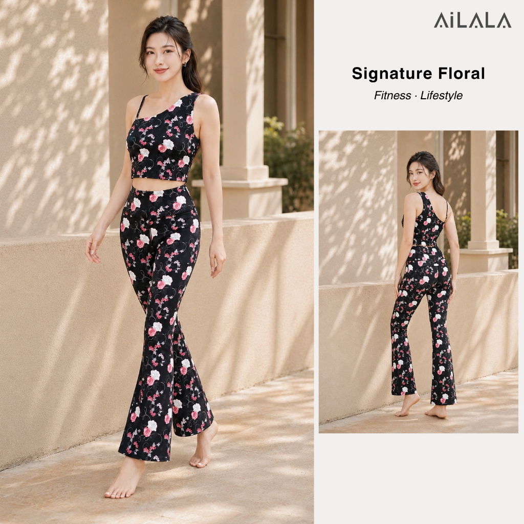AiLALA LUX01 Bộ Đồ Tập Yoga Pilates Nữ, Áo Croptop Dáng Dài Có Đệm, Quần Ống Loe Cạp Cao, Size S-XL
