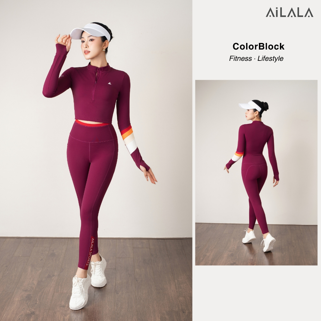 AiLALA LUX04D Bộ Đồ Tập Nữ, Áo Croptop Dài Tay Không Đệm, Quần Legging Cạp Cao Có Túi, Size S-XL