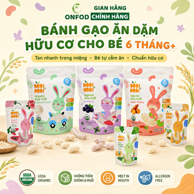 Bánh ăn dặm cho bé 6 7 8 tháng hữu cơ Nobi Nobi ONFOD bánh gạo cho bé ăn vặt ăn liền