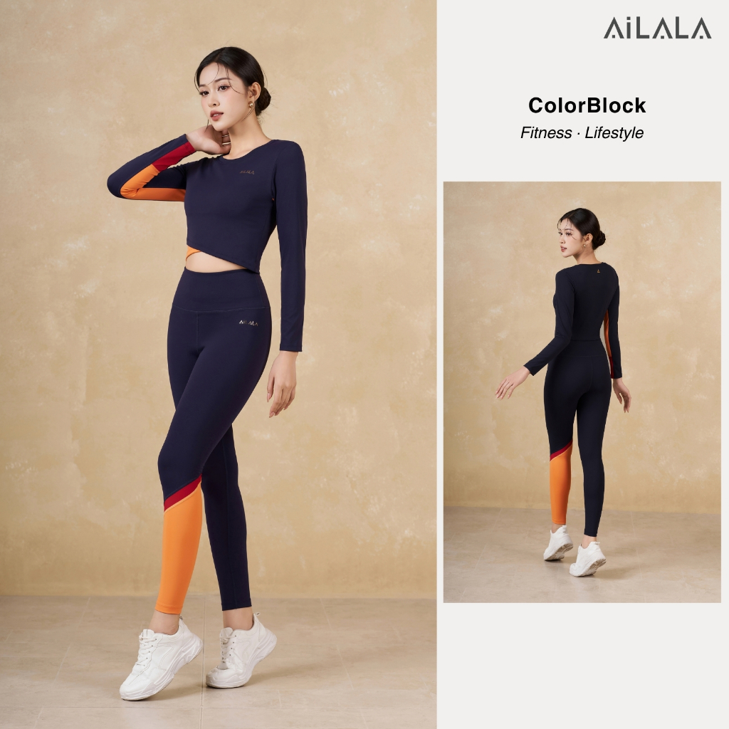 AiLALA LUX11 Bộ Đồ Tập Yoga Gym Nữ, Áo Dài Tay Có Đệm, Quần Legging Cạp Cao Phối Màu, Size S-XL