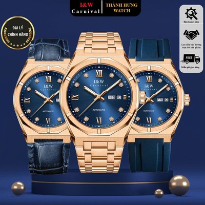 Đồng hồ nam chính hãng I&W Carnival 751G-T9,Kính sapphire,Chống nước 50m,Máy Cơ Automatic,mặt xanh mạ vàng dây thép