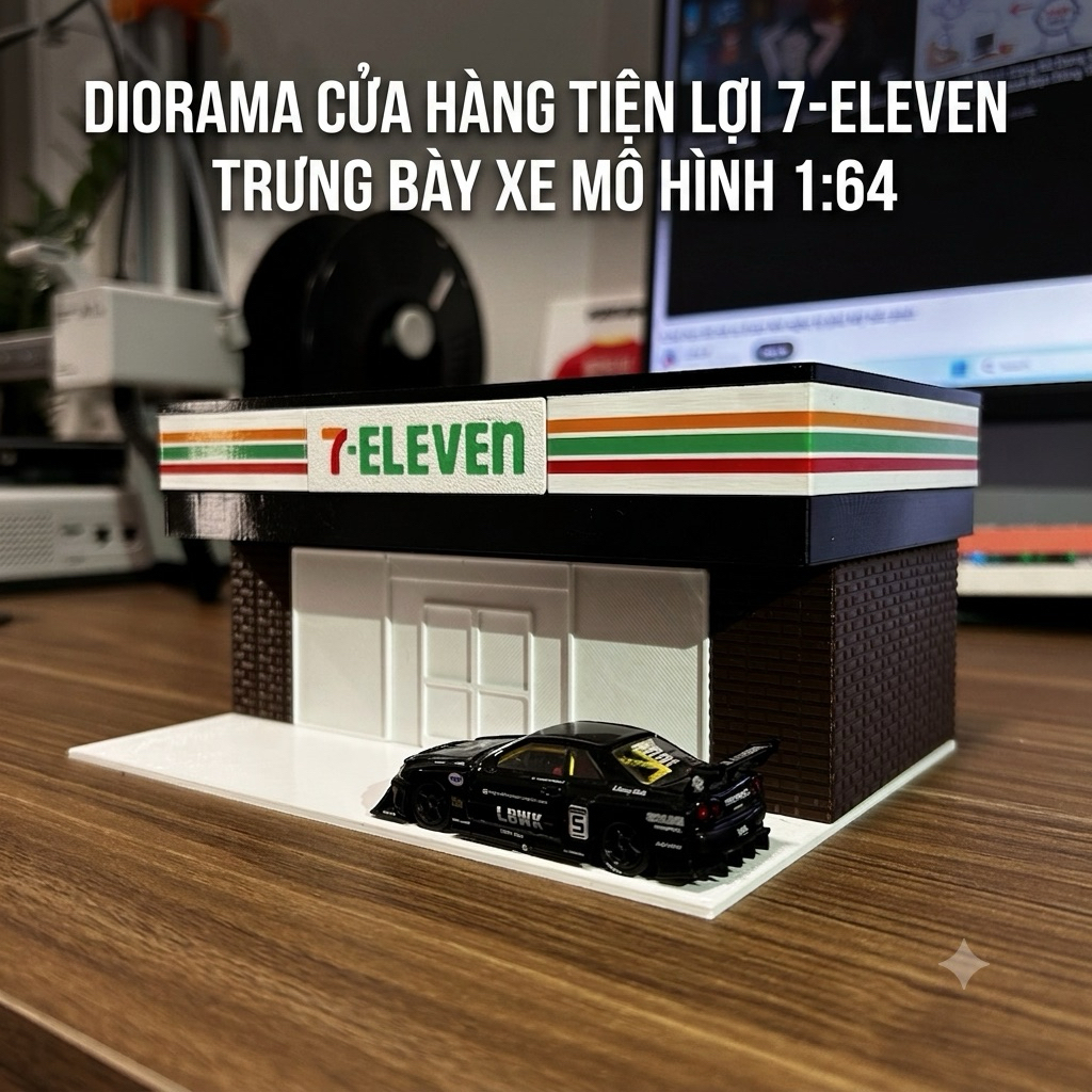 Diorama Cửa Hàng Tiện Lợi 7 Eleven trưng bày cho xe mô hình tỉ lệ 1:64 - Trưng Bày Xe Hotwheels