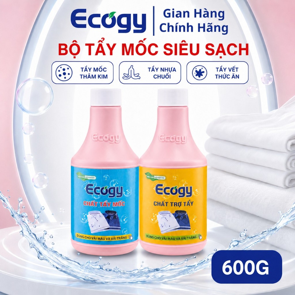 Tẩy Mốc Ecogy Siêu Sạch 600g - Hỗ trợ tẩy Mốc Thâm Kim, Nhựa Chuối, Dầu Mỡ Trên Quần Áo Màu Và Trắng