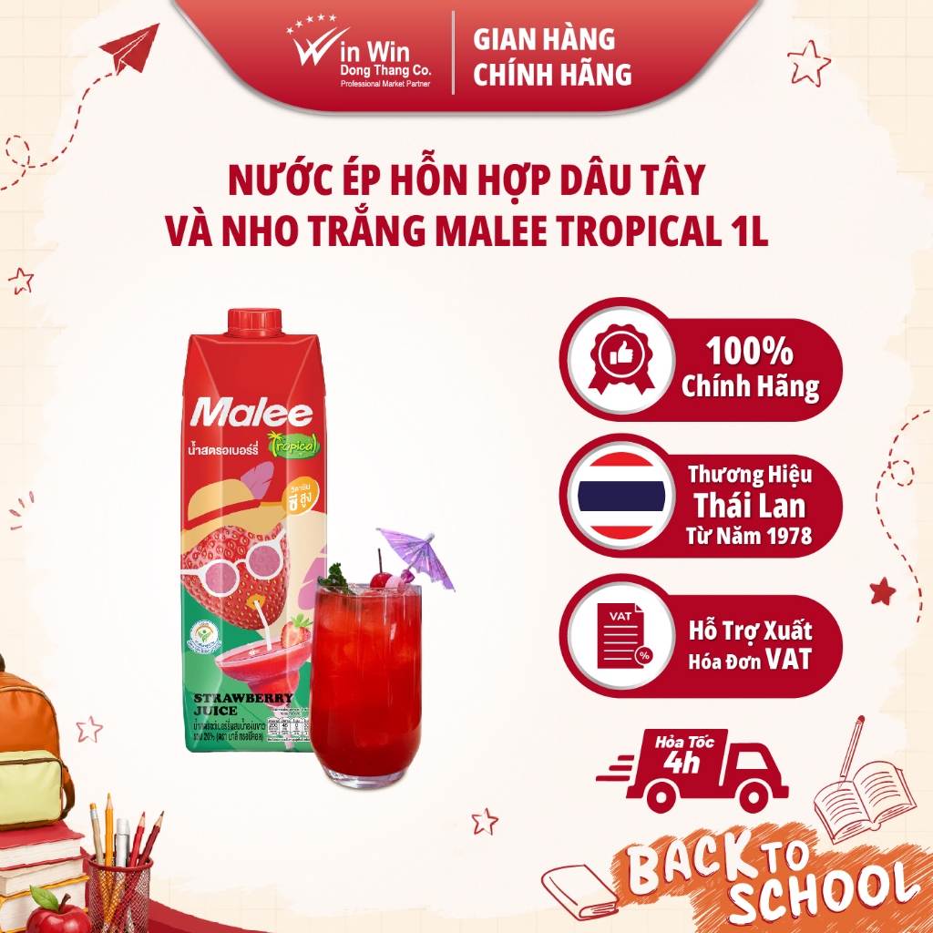 Nước Ép Hỗn Hợp Dâu Tây Và Nho Trắng Malee Tropical 1L - NK Thái Lan | 20% Strawberry Juice Mixed Wh