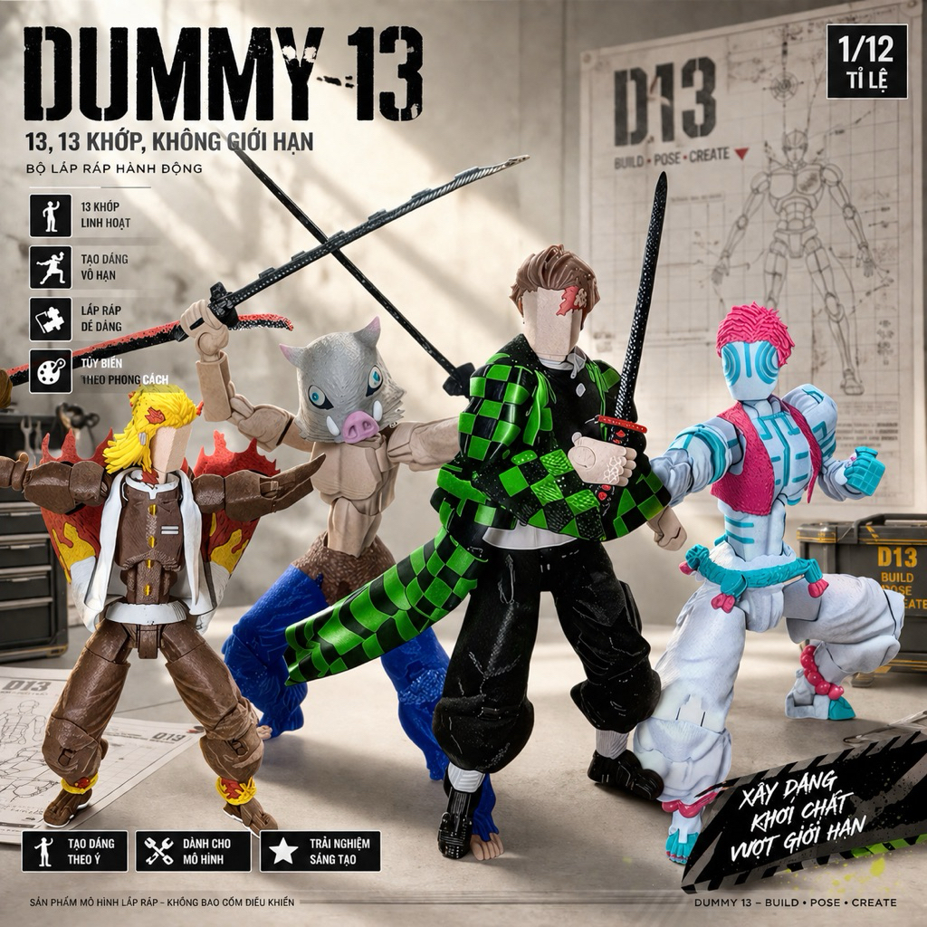 [Demon] Dummy 13 demonslayer - Dummy tanjiro, inosuke, akaza, rengoko. Mô hình khớp cử động - Đã lắp