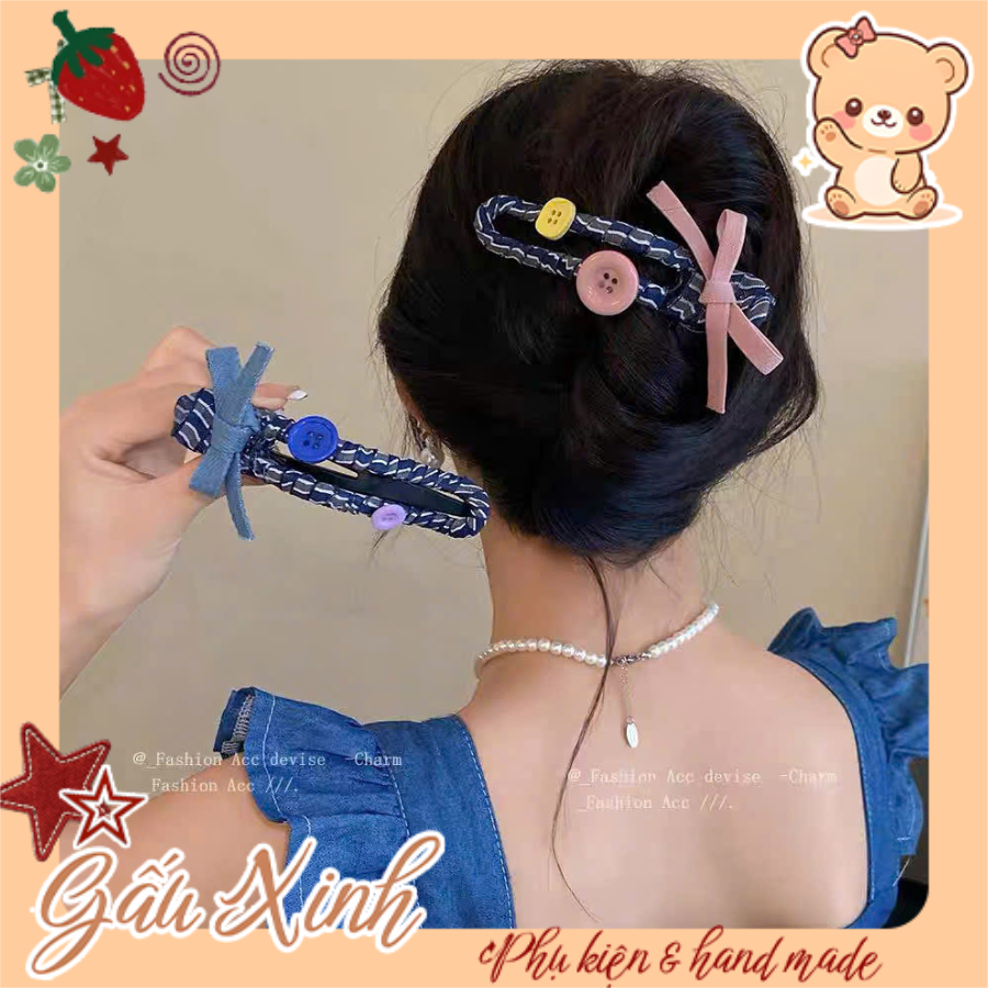 GX-MV03 Kẹp tóc bọc vải phối nơ & cúc màu
