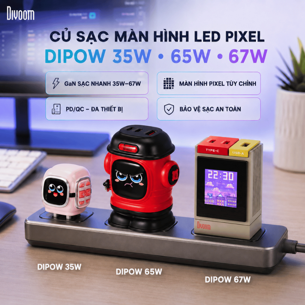 Củ sạc màn hình led Dipow - 35W/65W/67W  Divoom, 3 cổng sạc ra, hỗ trợ sạc nhanh PD, chính hãng, bảo