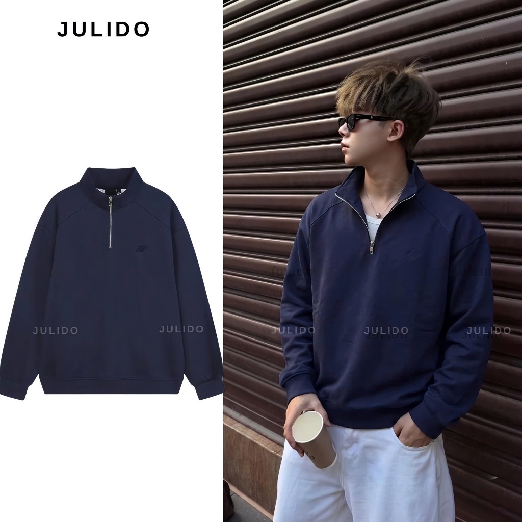 Áo Sweater nam nữ cổ zip JULIDO dài tay vải nỉ 2 da