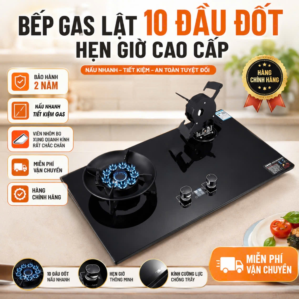 Bếp Gas Lật 10 Đầu Đốt Có Hẹn Giờ Cao Cấp- Kính Bo Viền Nhôm Chắc Chắn - An Toàn - Tiết Kiệm Gas - B