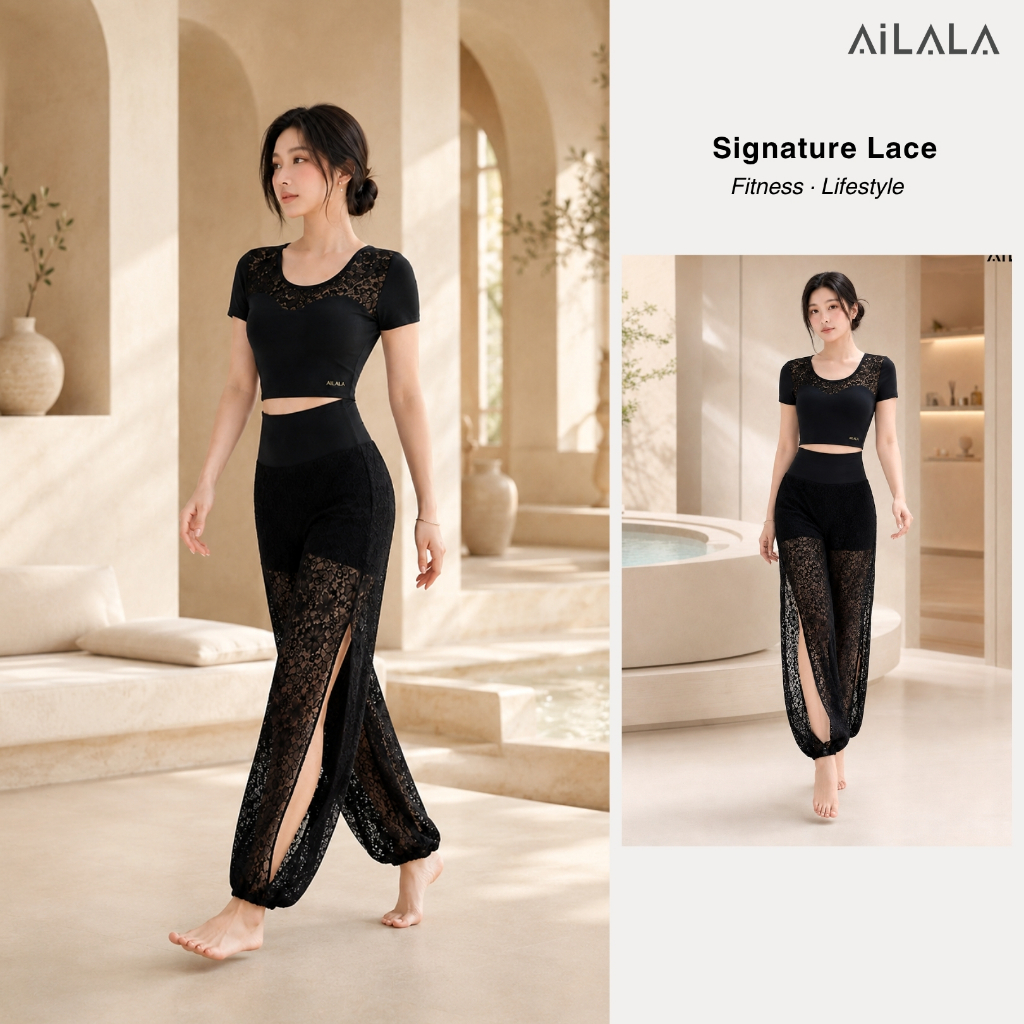 AiLALA LUX27 Bộ Đồ Tập Yoga Pilates Nữ, Áo Ngắn Tay Có Đệm, Quần Ống Rộng Cạp Cao Phối Ren Size S-XL