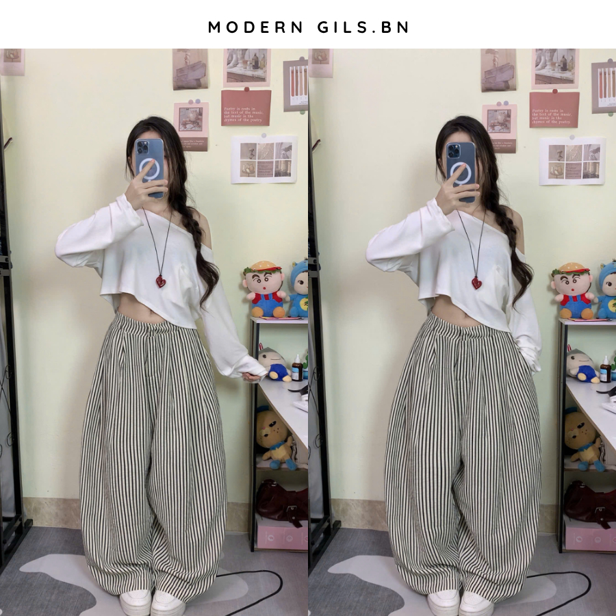 Quần Kẻ Sọc Ver 2 Modern Girls Chất Đũi Gió Nhăn Ống Rộng Phong Cách Hàn Quốc