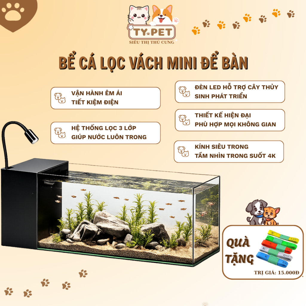 Bể Cá Lọc Vách Kính Siêu Trong Kèm Đèn LED - Hồ Cá Thủy Sinh Mini Để Bàn Nuôi Cá Cảnh, Tép Cảnh - kí