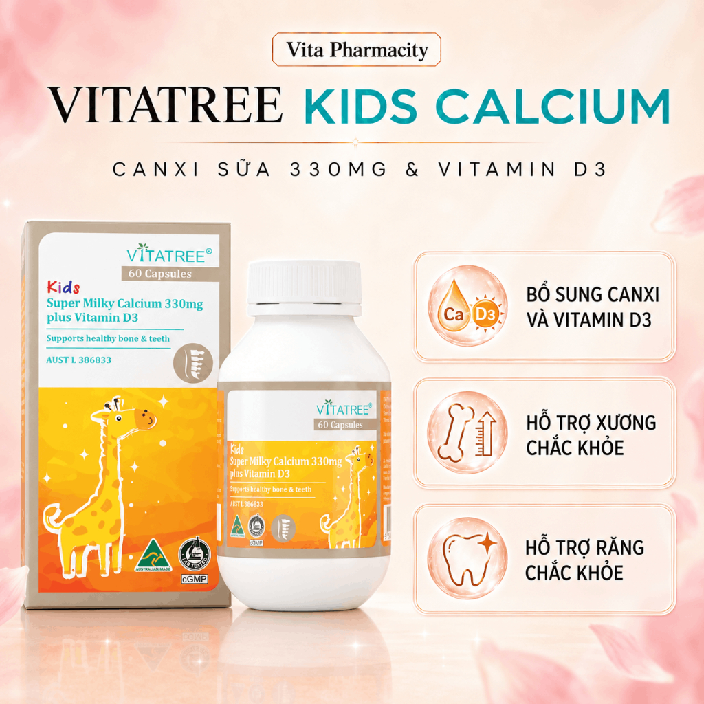 (Nhập Khẩu) Viên Canxi Sữa Cho Trẻ Em Vitatree Kids Super Milky Calcium 330mg + Vitamin D3