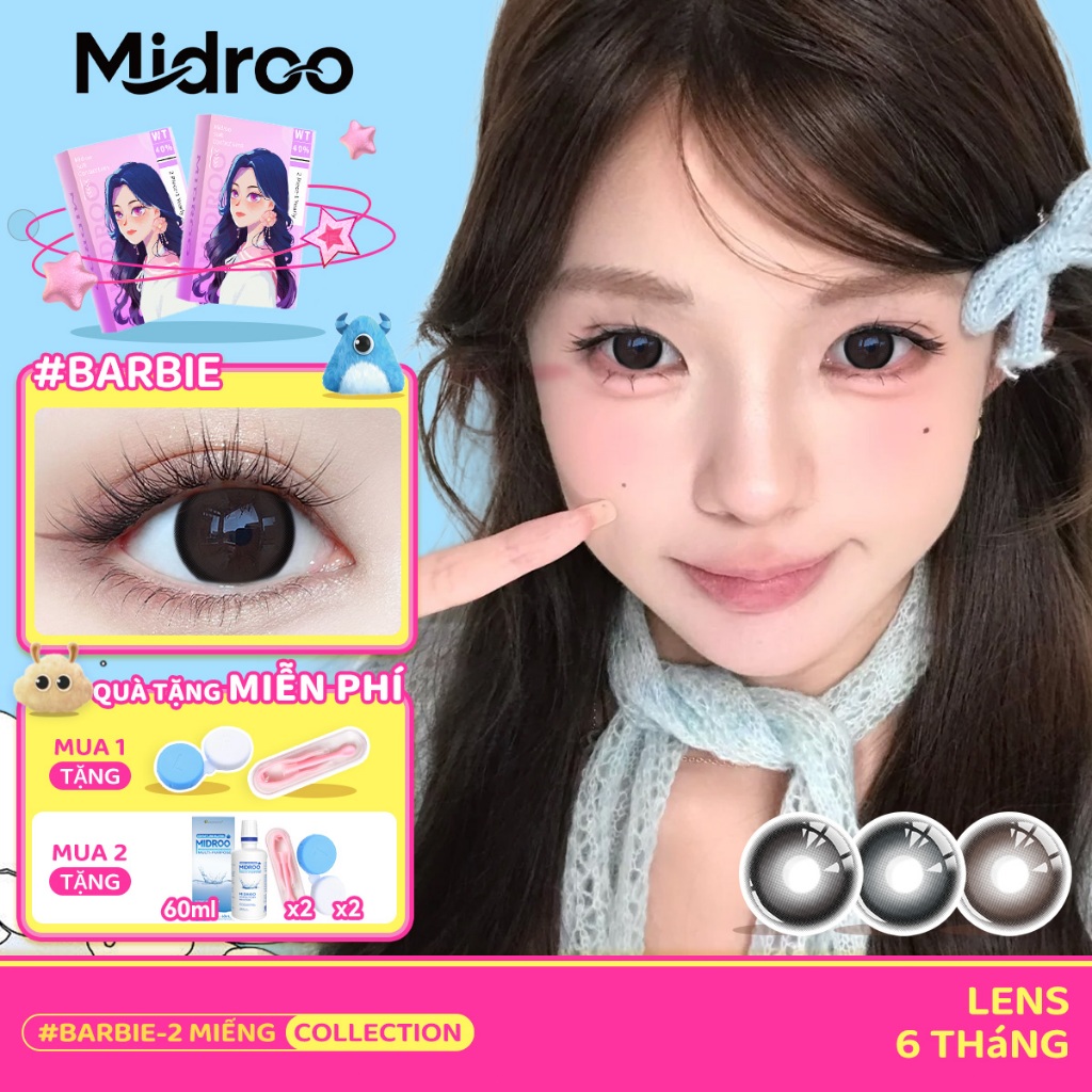 【Full Color 14.5mm Lens】Midroo 6 tháng Lens Cận Barbie 0-6 Độ Kính áp tròng làm đẹp phủ màu toàn bộ
