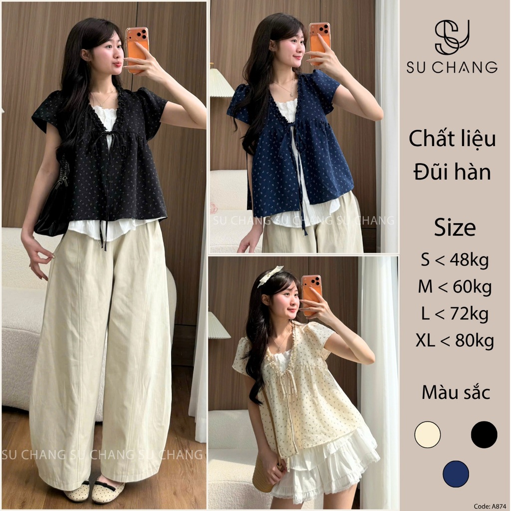 Áo Babydoll Viền Bèo Cộc Tay Hoa Nhí Nơ Ngực Phối Ren Boi Trắng A874 Su Chang Thời Trang Nữ