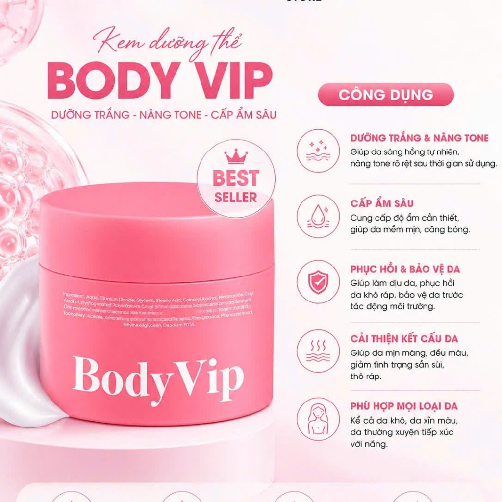 Kem Body Vip Kích Thích Trắng Nhanh Sau 7 Ngày [HM STORE - Whitening Body Vip] 250g