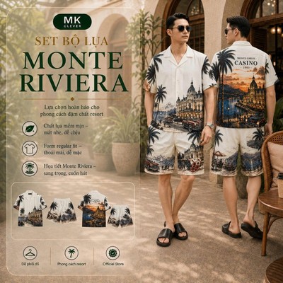 Set Bộ lụa Nam Monte Riviera MKCLEVER chất lụa mịn mát, co giãn tốt, form dáng thoải mái, trẻ trung