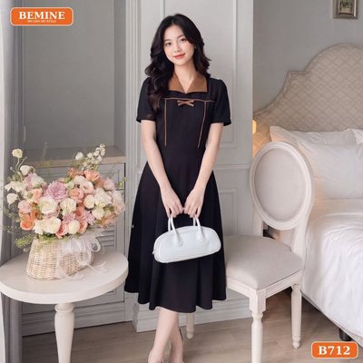 Đầm thiết kế BEMINE cổ sơ mi phối viền nơ dáng chữ A phù hợp đi làm-B712