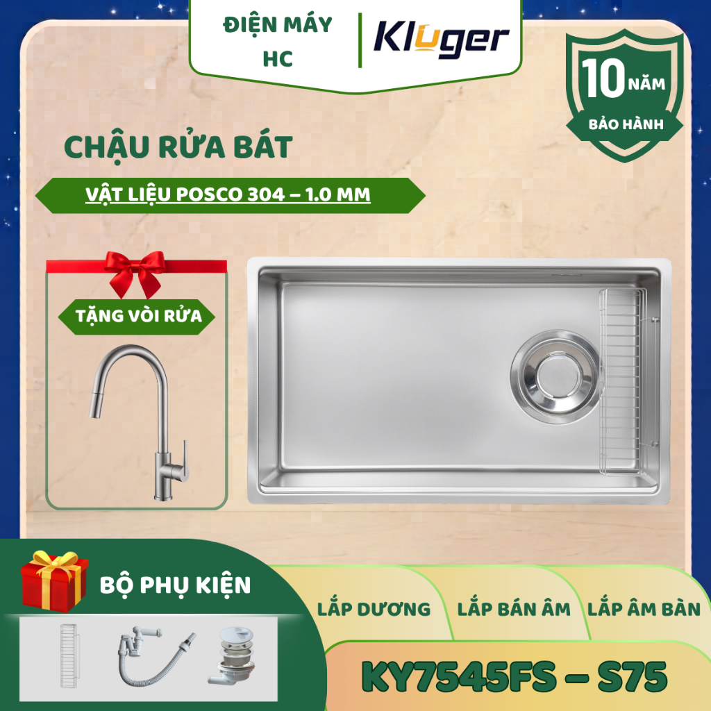 Chậu rửa chén Kluger KY7545FS – S75 Basic - Inox 304 Cao Cấp, Thiết Kế Tối Giản