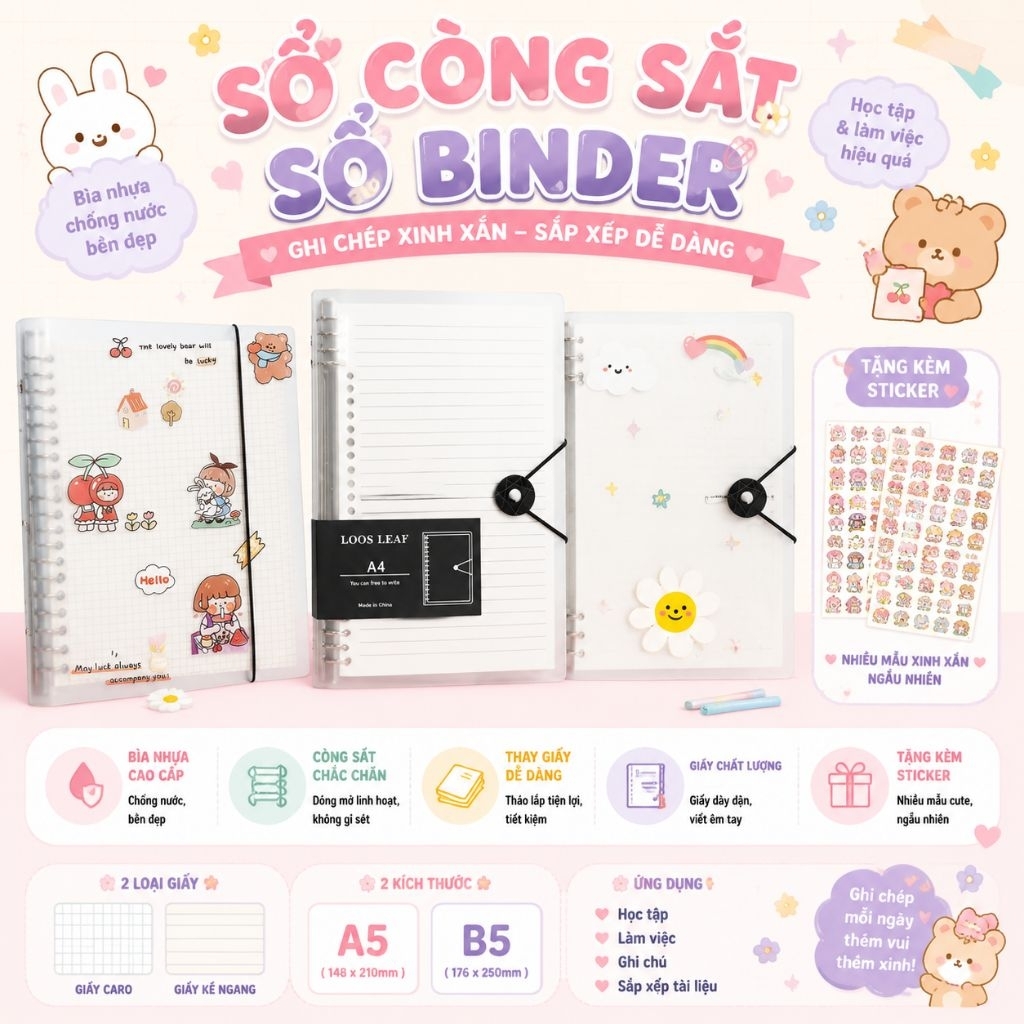 [TẶNG STICKER] Sổ còng sắt bìa A5 B5, SỔ BINDER dùng để ghi chép, viết nhật kí, làm bullet journal