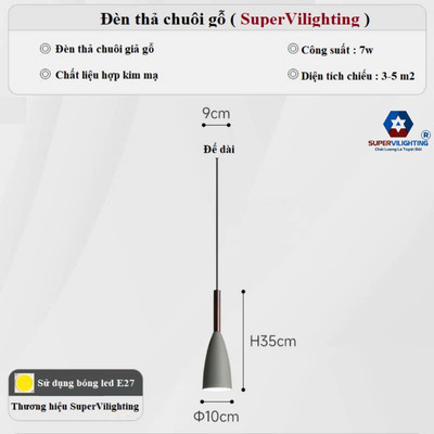 Đèn thả đui gỗ SuperVilighting THADUIGO-D100 bóng led đui E27 AC 220V D100 xH300mm BH 24 tháng