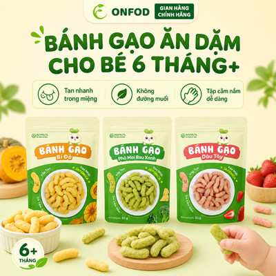 Bánh ăn dặm cho bé 6 tháng hữu cơ ANPASO ONFOD bánh gạo vị dâu tây, bí đỏ, rau củ