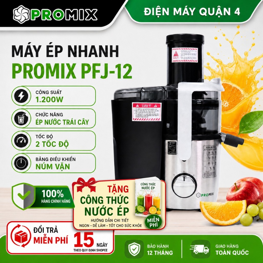 Máy Ép Nhanh Promix Lưỡi Xay 3 Tầng 1200W Ống Ép 90mm PFJ-12