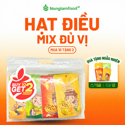 [10 Túi Tặng 2] Combo 10 Túi Hạt Điều Phủ Vị Phô Mai, Sầu Riêng, Tỏi Ớt, Wasabi Nonglamfood 45g