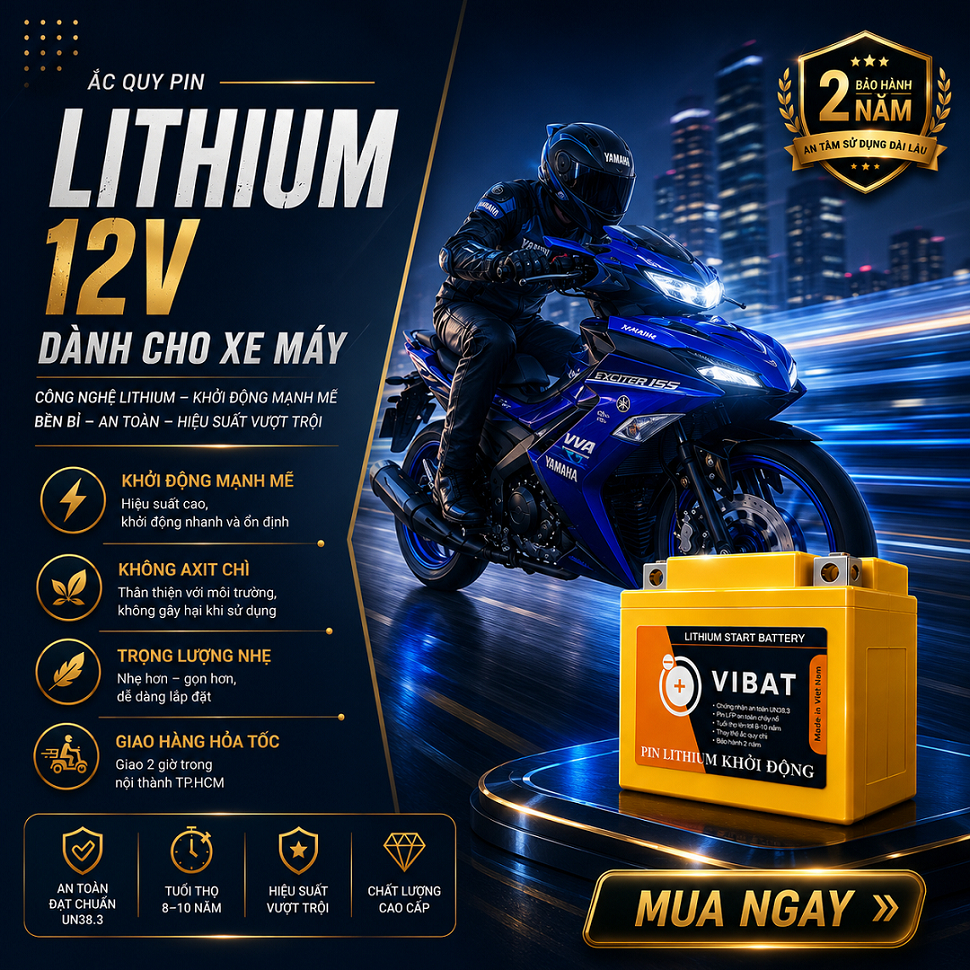 Bình ắc quy pin Lithium 12V-80A chuyên lắp Exciter 150, Ex 135, xe zin hoặc lắp đèn trợ sáng nhiều