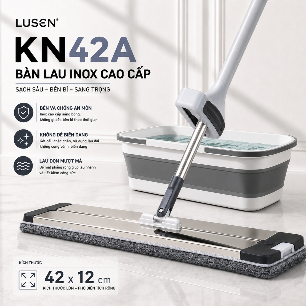 Cây lau nhà tự vắt Lusen KN42A, chổi lau nhà thông minh, bộ lau nhà inox, kèm xô gấp gọn đa năng