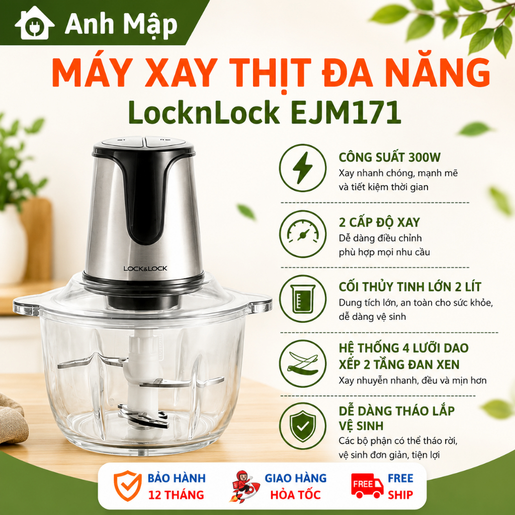 Máy Xay Thịt Đa Năng LocknLock EJM171 - Công Suất 300W, Cối Thủy Tinh Lớn 2 Lít, Lưỡi Dao Kép, 2 Cấp