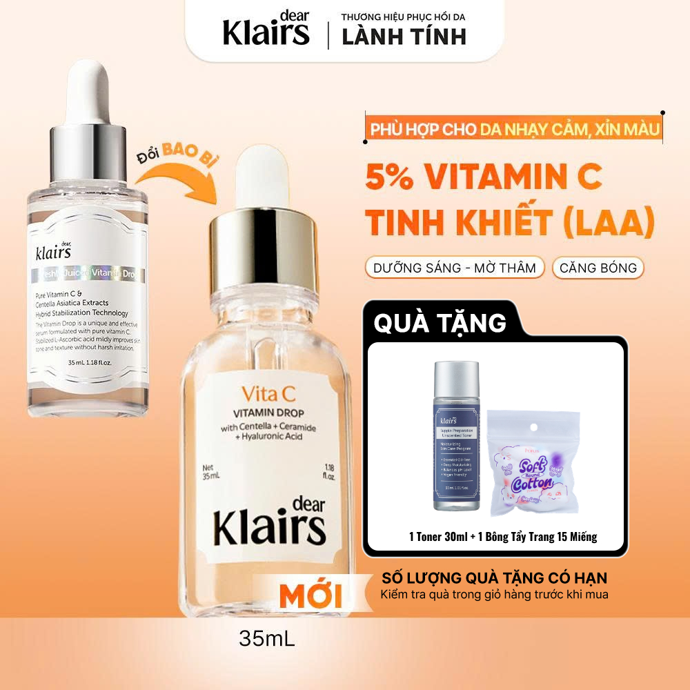 [ĐQ][Bản Mới] Tinh chất Dear, Klairs Freshly Juiced Vitamin Drop Serum hỗ trợ sáng da mờ thâm 35ml