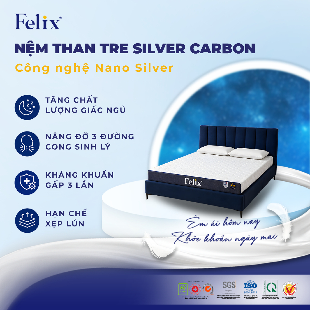 Nệm Cao Su Thiên Nhiên Than Tre Premium Silver Carbon Felix - Lớp Than Hoạt Tính Kháng Khuẩn,Khử Mùi