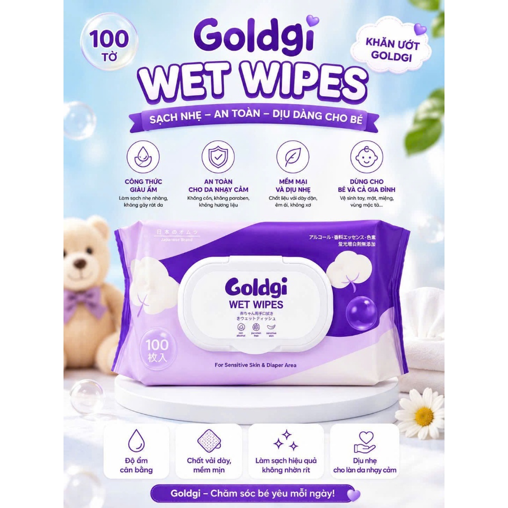 Khăn Ướt Goldgi Wet Wipes 100 Tờ Có Nắp - Không Cồn, Không Paraben, Dành Cho Da Nhạy Cảm