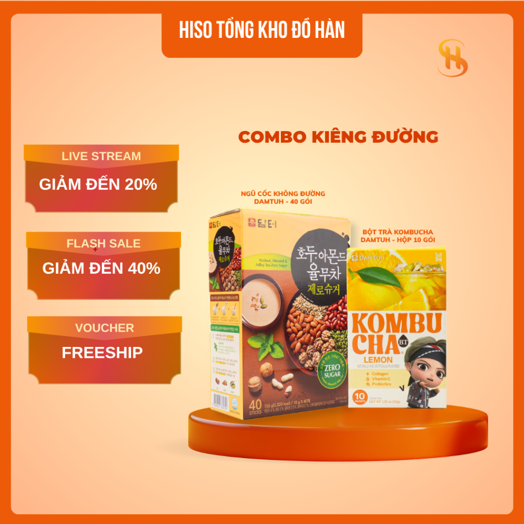 [Combo Kiêng đường - Đẹp dáng Damtuh] Ngũ cốc không đường (40 gói) + Trà Kombucha (10 gói)