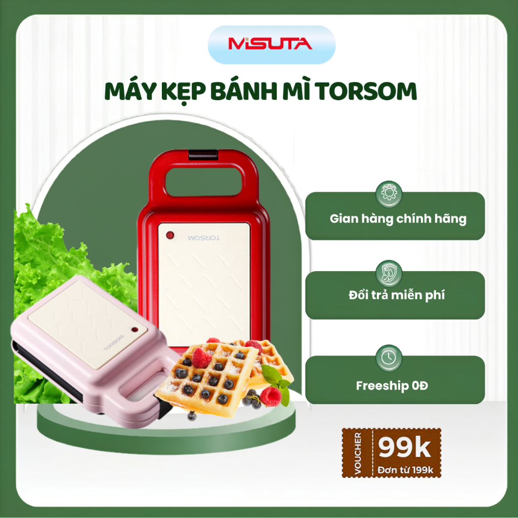 Máy Kẹp Bánh Mì Torsom, Máy Làm Bánh Waffle/Sandwich, Máy Nướng Bánh Mì Cho Bé ( Có Phiên Bản Hẹn Gi