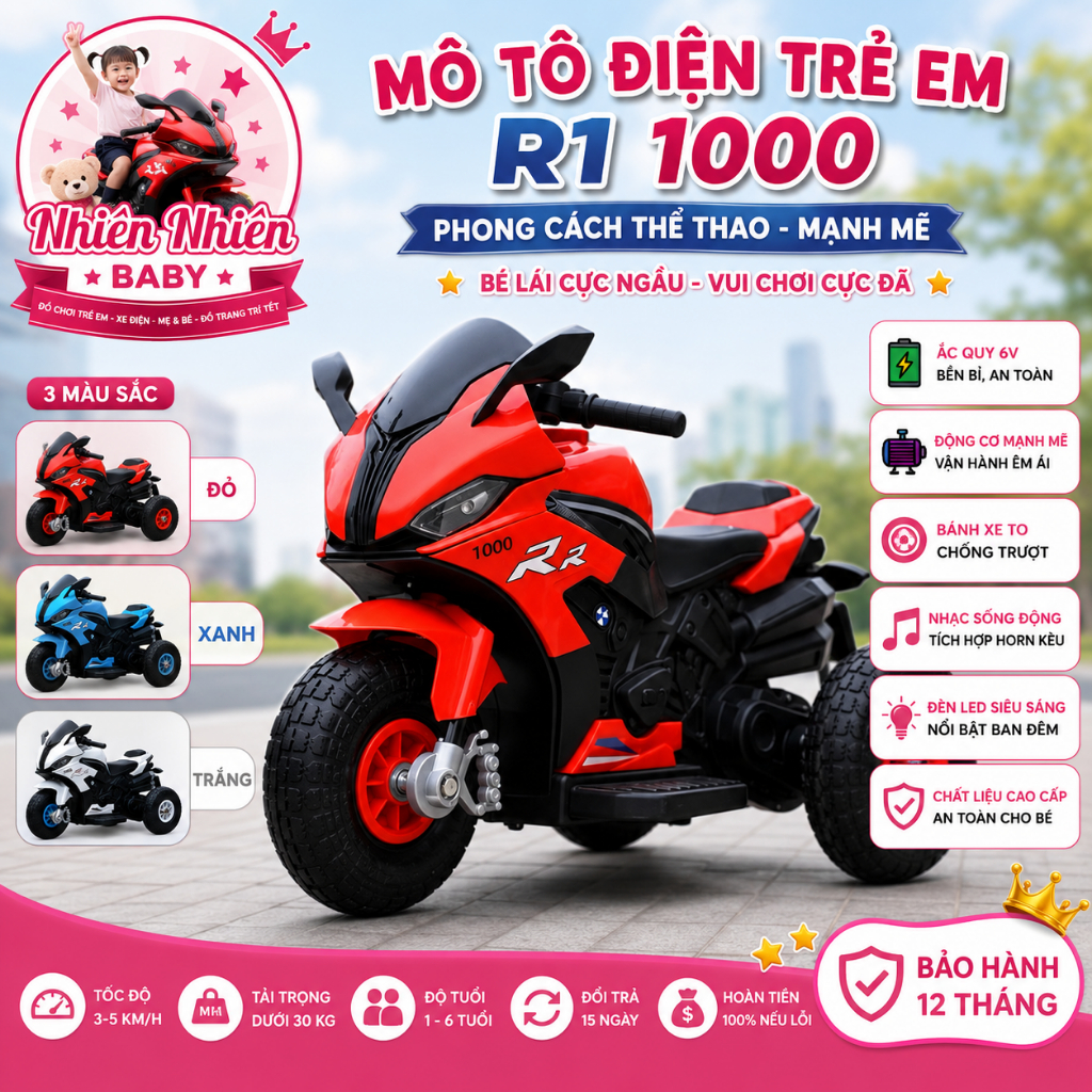 Xe moto, xe máy điện cho bé R1000 trọng tải 35kg có kèm sạc đủ màu cho bé