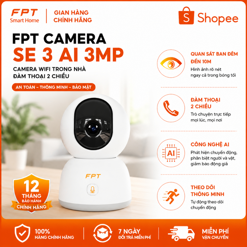 FPT Camera SE 3 AI 3MP Camera WiFi Trong Nhà Đàm Thoại 2 Chiều Chính Hãng
