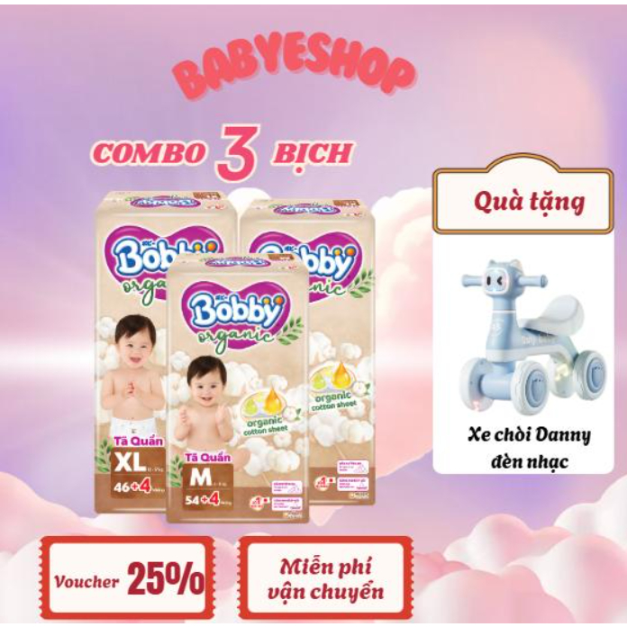 [Bobby Organic x Ngockhanh][TẶNG XE CHÒI] COMBO 3 BỊCH Tã quần cao cấp Bobby Organic chăm sóc dịu nh