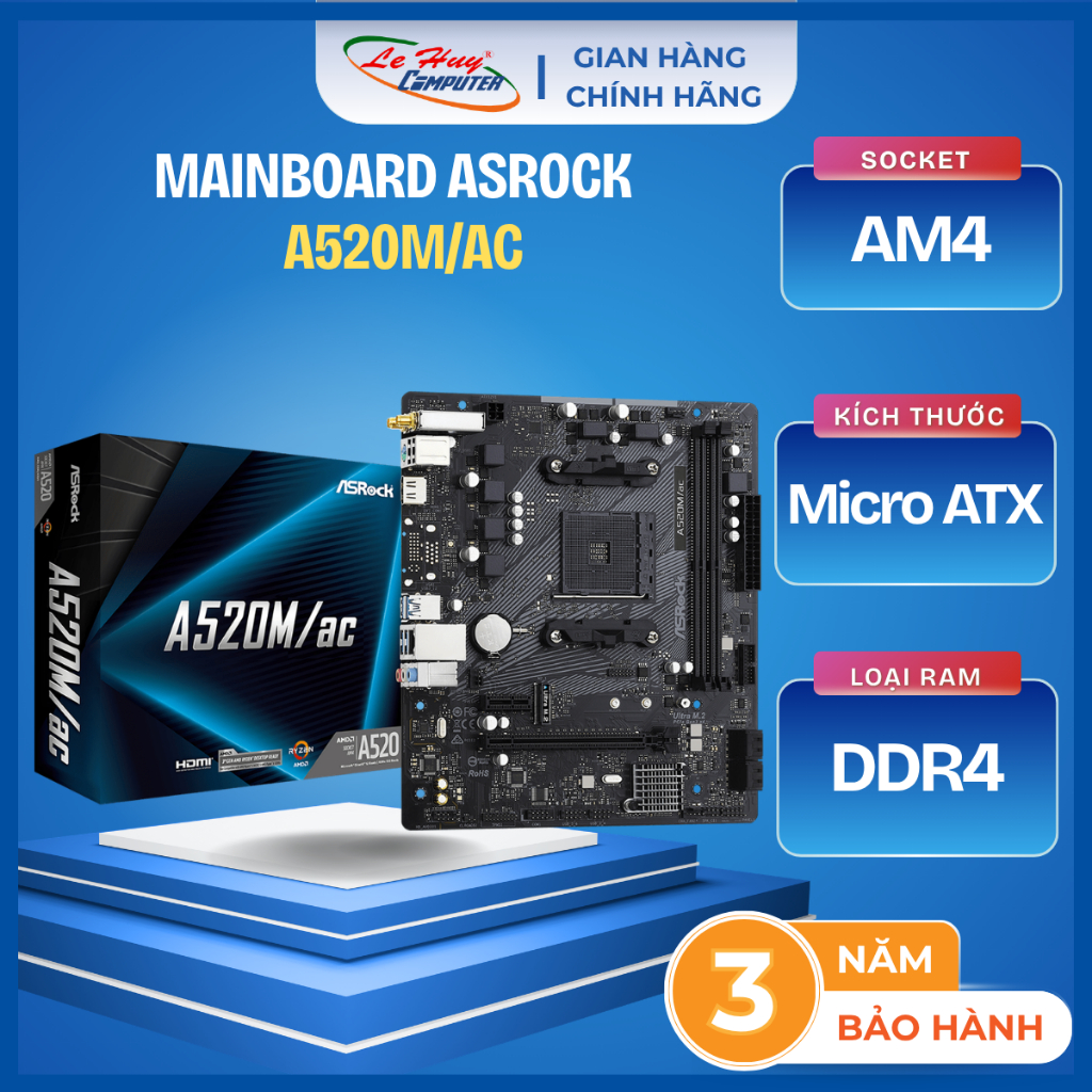 Bo Mạch Chủ - Mainboard ASRock A520M/ac AM4 - Hàng Chính Hãng