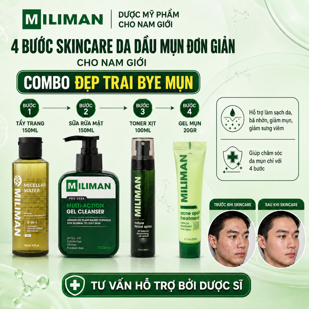Combo Skincare Da Mụn Cho Nam MILIMAN Gồm Tẩy Trang, Sữa Rửa Mặt Nam, Toner Xịt, Gel Mụn