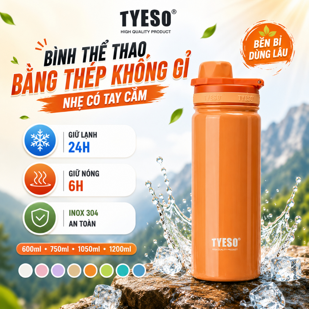 Bình nước giữ nhiệt TYESO cốc Thép không gỉ hai lớp tumbler bottle 600ml  TS-8706