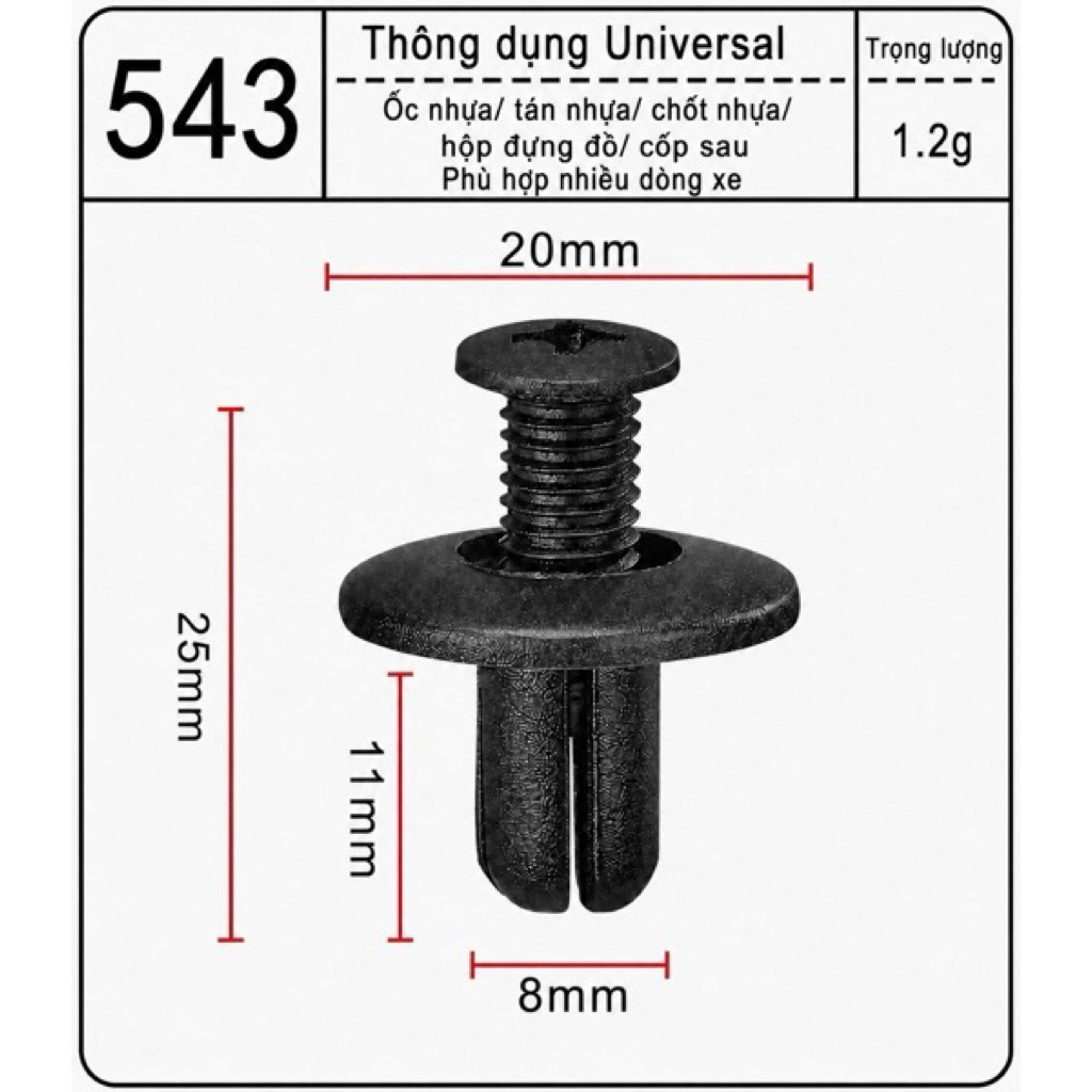 Set 100/500psc Chốt nhựa kích thước lỗ 8mm 6mm, chốt nở nhựa dùng cho ô tô, xe máy
