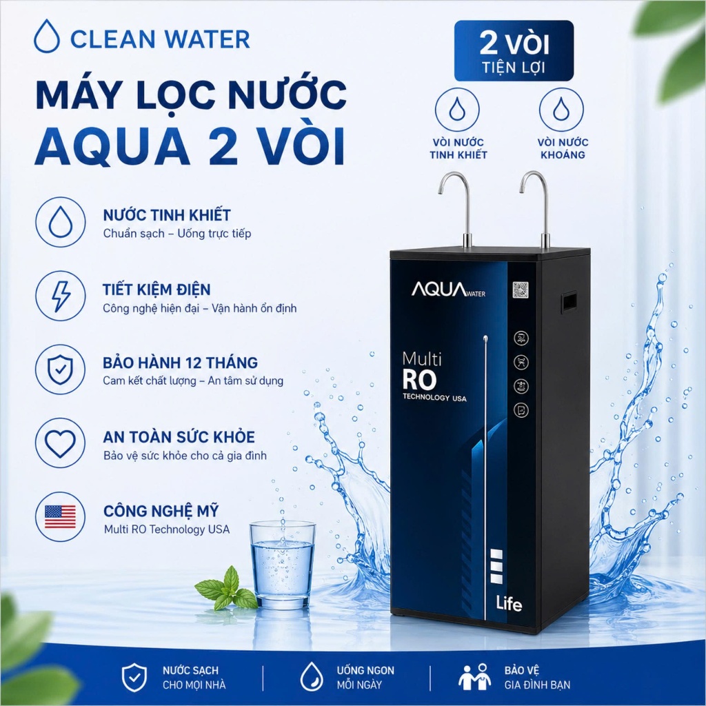 Máy Lọc Nước RO AQUA Có Vỏ Tủ 2 Vòi 4-11 Cấp Lọc (Nước uống và nấu ăn - không có chức năng làm nóng 