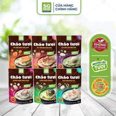 Lốc 64 - 6 cháo tươi ăn liền SG Food (Sườn Non, Cá Lóc, Cá hồi, Lươn, Hải sản, Tổ Yến Bò)