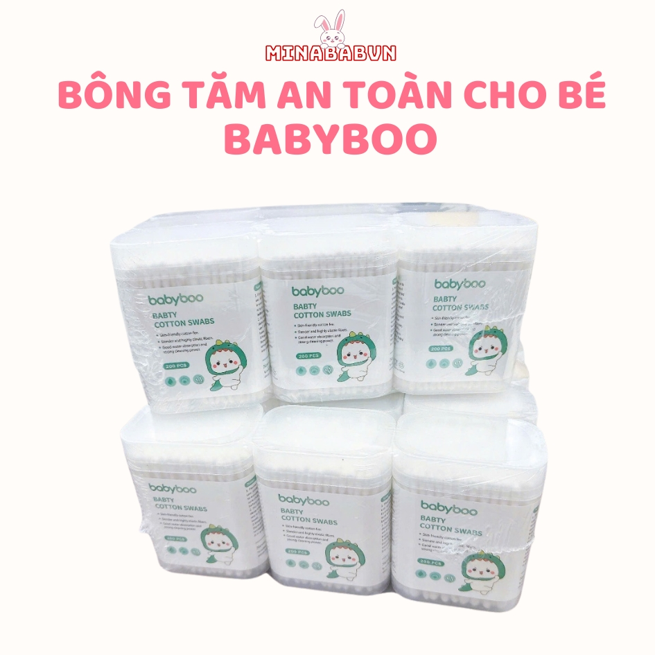 Hộp tăm bông 200 que cho bé, Tăm bông BABYBOO gồm 2 đầu vệ sinh tai mắt cho bé an toàn tiện lợi