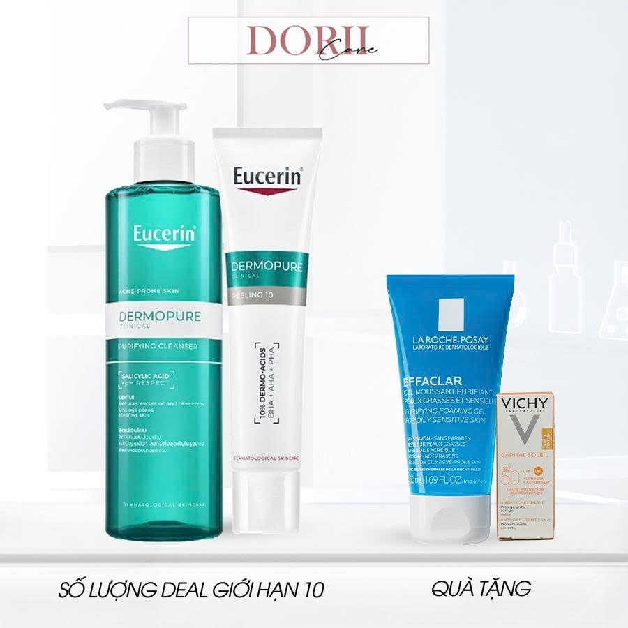 Combo Gel rửa mặt Eucerin loại bỏ nhờn ngừa mụn 200ml + Tinh chất ProAcne AI Clearing Treatment 40ml